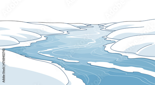 An illustration of a icy river flowing between snowy banks, evoking the serenity of a cold, arctic landscape.