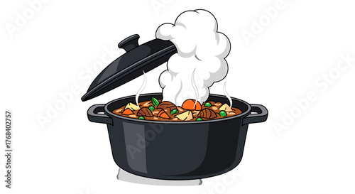 Steaming pot of hearty stew with tender meat and vegetables, simmered to perfection with a rich, savory broth. 