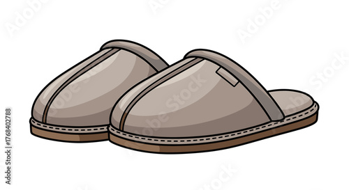 A pair of comfortable, grey slippers with brown soles, perfect for relaxing at home. Step into cozy with these indoor shoes.