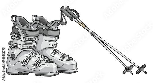 Ski boots and poles ready for the slopes, symbolizing winter sports adventure and snowy mountain excitement today.