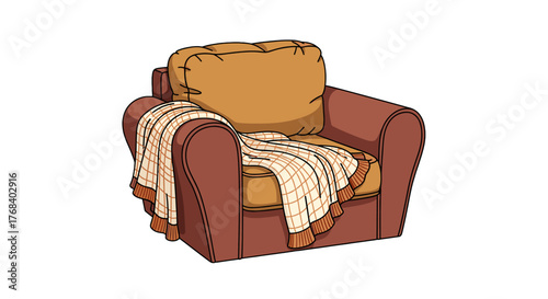 Cozy armchair with a plaid blanket draped over it, inviting relaxation and comfort. Perfect for a reading nook.