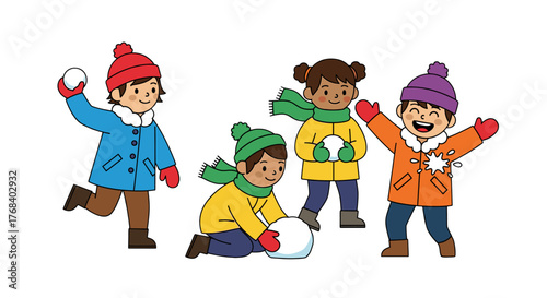 A group of children joyfully engage in a spirited snowball fight, bundled up warmly in winter attire and having fun outside.