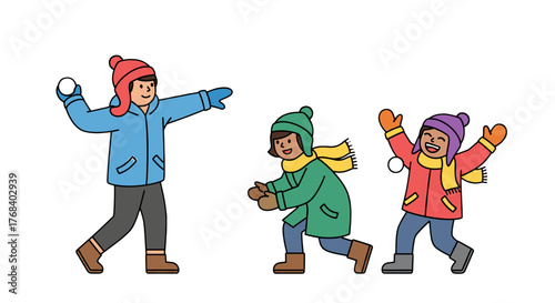 A joyful winter scene unfolds with three children engaged in a playful snowball fight, bundled up against the cold weather.