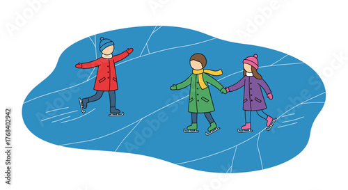 Three kids enjoy ice skating on a frozen pond, dressed in winter coats, hats and gloves, enjoying a day of fun.