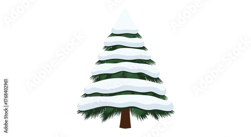 A whimsical evergreen tree, draped in fluffy white snow, stands against a stark black canvas creating contrast.