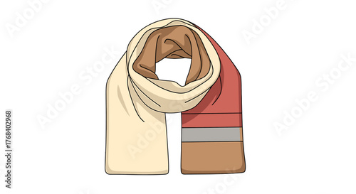 An illustration of a warm, multi-color scarf. One side is light beige, the other is red with brown at the end.