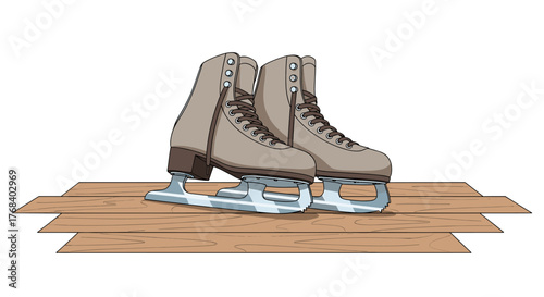 A pair of ice skates sits on a wooden surface, ready for winter fun and gliding across the ice rink smoothly.
