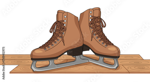 A pair of brown, laced ice skates sitting close together on a light wood floor, ready to glide on the ice rink.