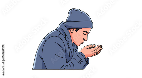A man in a blue coat and beanie looks down with his hands open as if asking for something or wanting something.
