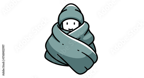 Cozy cartoon character wrapped in a blanket, creating a warm and comforting atmosphere in an adorable illustration.