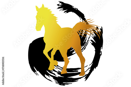 筆文字「迎春」と馬のシルエットイラスト／午年・年賀状・干支素材