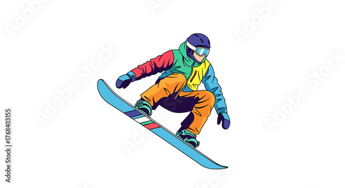 Vector illustration of a snowboarder making a jump. The character is sporting colorful winter sports apparel.