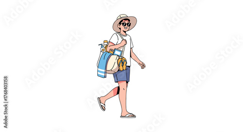 Man ready for a day at the beach, wearing a hat and carrying a beach bag, sunglasses, and beachwear. 