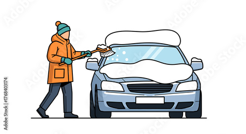A person wearing winter gear uses a brush to remove snow from the windshield of their car after a heavy snowfall.