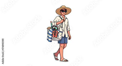 Cartoon person heading to beach with hat, sunglasses, shirt, shorts, sandals, snorkeling gear and beach bag.