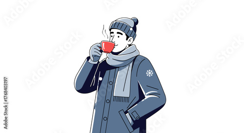 Cozy vector illustration of a man in winter attire enjoying a hot drink, perfect for seasonal designs and content.