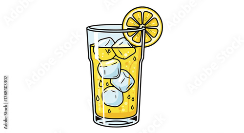 Vibrant vector illustration of a refreshing glass of lemon juice with ice cubes and a lemon slice garnish.