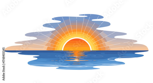 Vector of a sunset on the horizon above calm seas with white rays of sunshine shining above the ocean waves.
