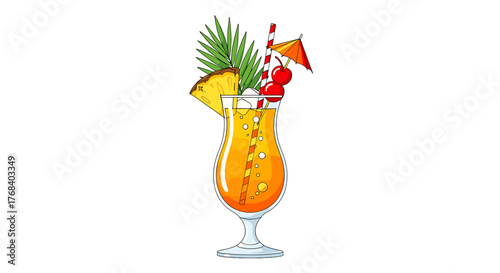 A refreshing tropical cocktail served in a glass with a straw, garnished with fruit and a tiny umbrella.