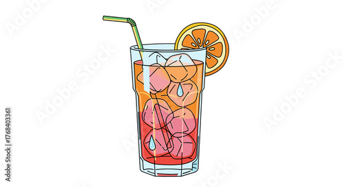 A refreshing vector drawing showcases a cool beverage, garnished with an orange slice and a colorful striped straw.