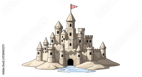 Detailed vector-style sandcastle with towers, turrets, and a red flag, resting on a beach with a bit of water.