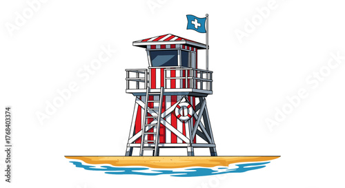 A vibrant 2D vector art of a lifeguard tower, with red and white stripes, standing tall on a sandy beach shoreline.
