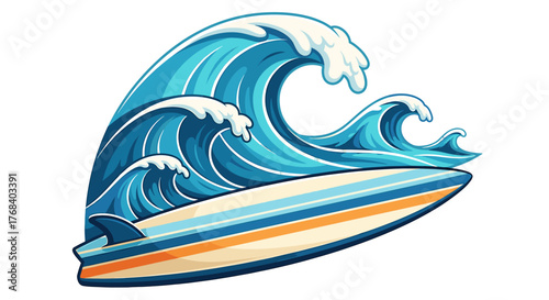 Stylized surfboard and blue ocean waves, embodying the spirit of surfing. Vector art design for adventure and sport.
