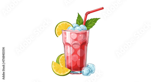 Vibrant illustration of refreshing summer beverage featuring a red straw, lime, and mint against a solid transparent background.