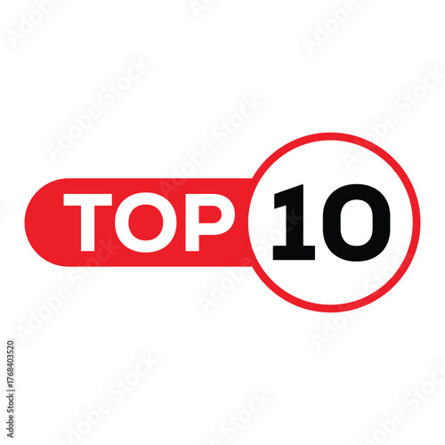 Bold graphic: "TOP 10" badge with "TOP" on red and "10" in a red-outlined circle. Clear vector for announcing top rankings, lists, or best-of features.