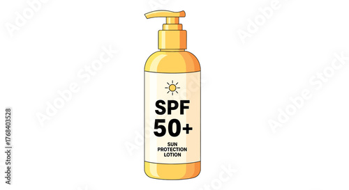 A vector illustration of a sunscreen bottle labeled SPF 50+ ideal for skin protection and summer vacation needs.