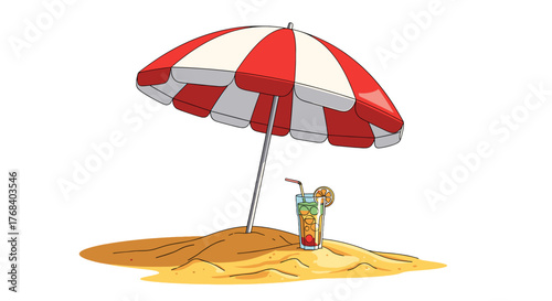 A vector illustration of a cocktail beverage sitting on a sand island with an umbrella overhead in a flat vector style.