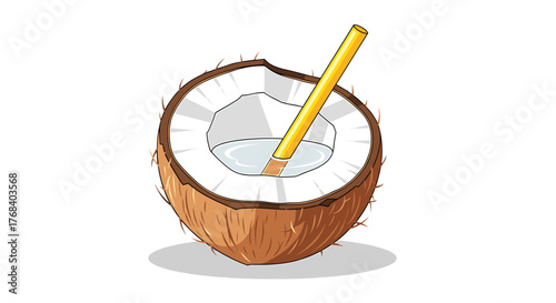 A vibrant, vector-style flat illustration of a refreshing coconut beverage with a straw, radiating tropical allure.