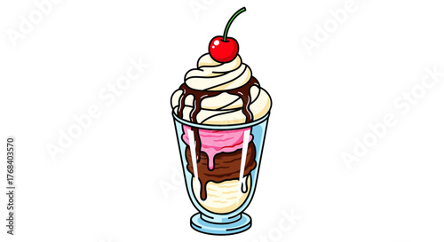 An ice cream sundae in a glass cup topped with whipped cream, chocolate syrup, and a cherry against transparent background.