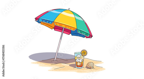 A vector 2D illustration of a beach scene with a colorful umbrella and a refreshing drink, perfect for relaxation.