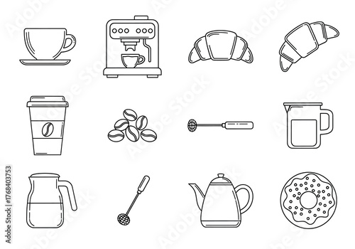 Coffee and pastry icons line art espresso machine croissant donut saucer