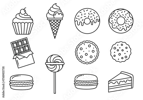 Black and white line art icons of sweet desserts and treats cupcake cherry