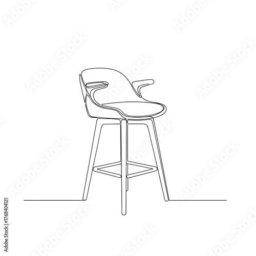 Modern bar stool with armrests line drawing on white background