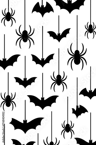 An isolated vector pattern of hanging spiders and a bat spider set against a transparent background