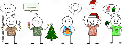 Hand drawn stick figure people with different facial expressions and emotions, Christmas and holiday theme, doodle sketch illustration. Winter festive concept illustration