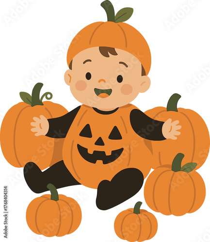 Cute baby wearing a Halloween costume, surrounded by pumpkins, perfect for festive imagery and seasonal celebrations