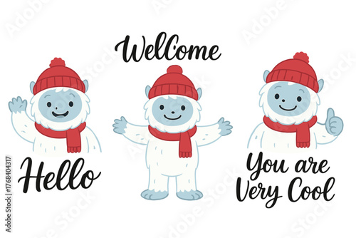 A charming snowy yeti in winter, featuring calligraphic lettering and vector quotes, waves happily in a red hat and scarf, greeting with “Hello, Welcome, You are Very Cool” as part of the winter