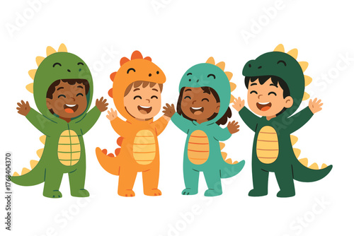 A collection of joyful children in dinosaur costumes, embodying childhood dream themes