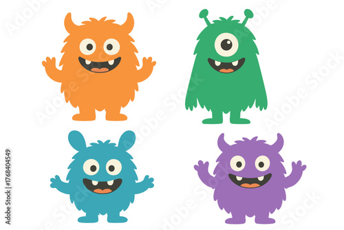 A collection of cute, fuzzy, grinning monsters set against a transparent background,