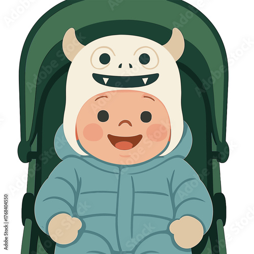A smiling, happy baby boy wearing a white monster hat and winter clothes is captured in a portrait, seated in a green stroller; he is three months old