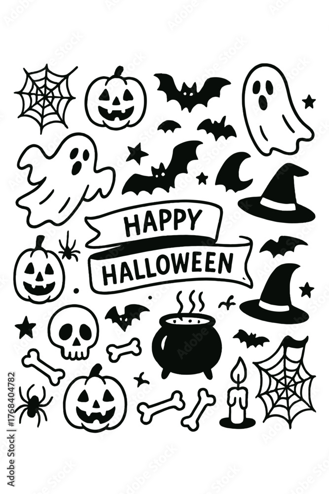 Fototapeta premium ハロウィン, ハロウィン素材, ハロウィンベクター, モノクロ, 白黒, 手描き, ベクター, 素材集, イラスト