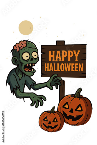 A humorous zombie and a wooden sign proclaim Happy Halloween at night, accompanied by a scary dead man and jack‑o‑lanterns at the graveyard, embodying the theme of horror ads, graves, greetings, and