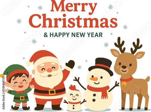 A 2022 Merry Christmas and Happy New Year greeting card featuring a cute Santa Claus, a little elf, a snowman, and a deer, depicted as holiday cartoon characters in a winter scene