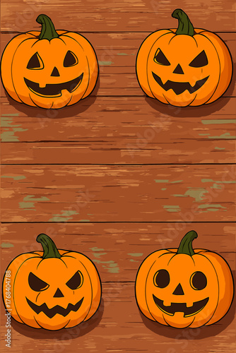 Halloween pumpkins on a weathered vintage tabletop, with copy space