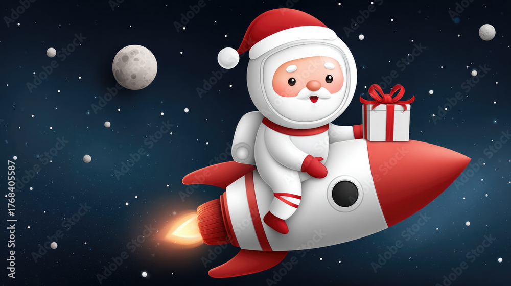 Naklejka premium Futuristic santa in space suit delivering gifts on rocket sleigh - cosmic holiday adventure art for christmas card design