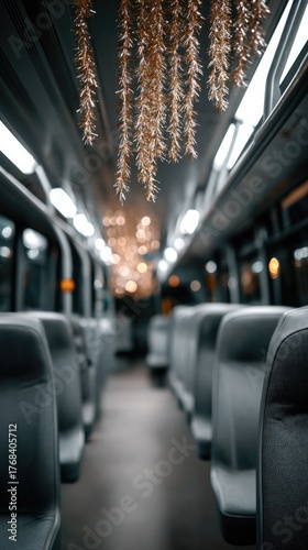 Festive bus interior with hanging tinsel garland for holiday commute and decoration inspiration
